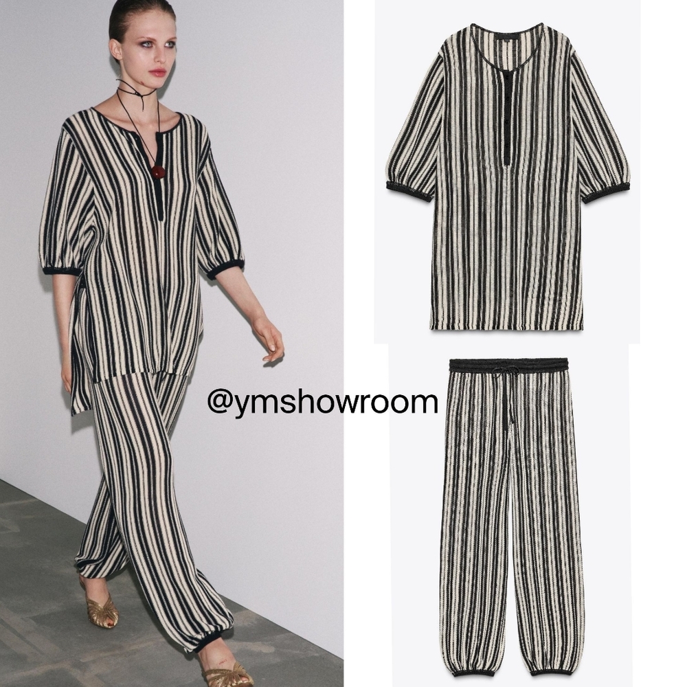 Zara Black and Cream Striped Relaxed Pants & Tunic Set